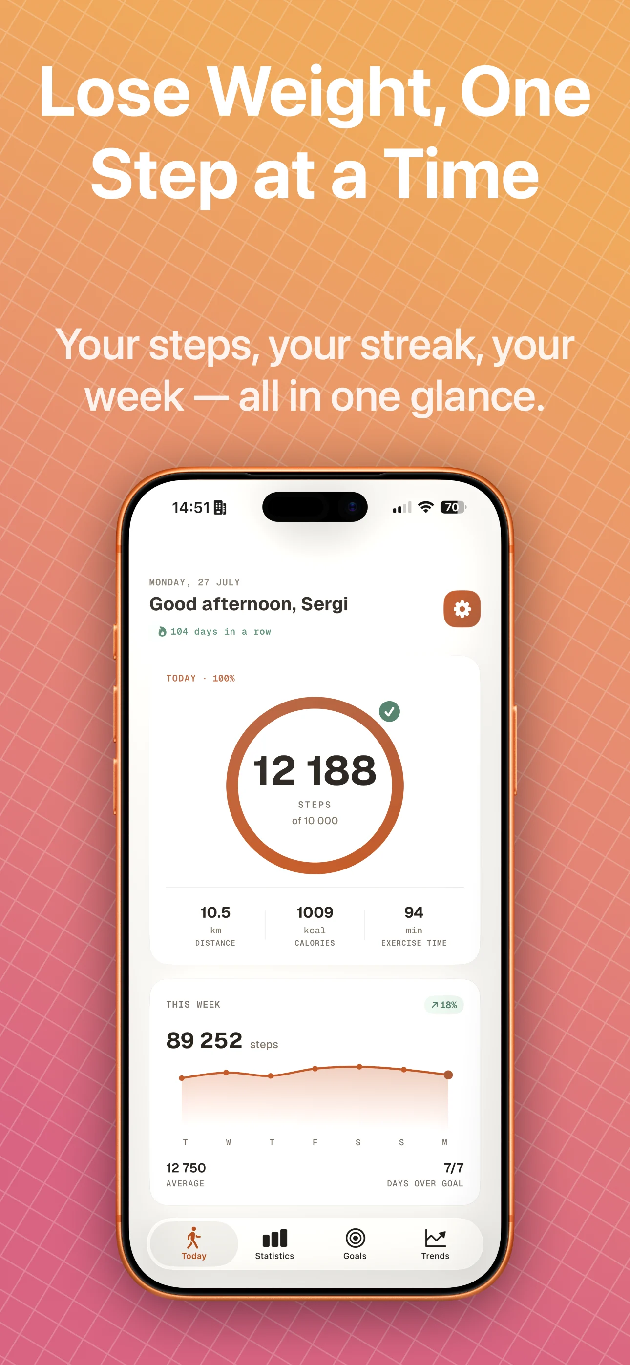 Stepyfocus daily steps, weekly progress and streak
